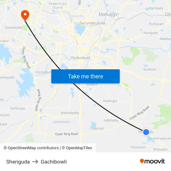 Sheriguda to Gachibowli map