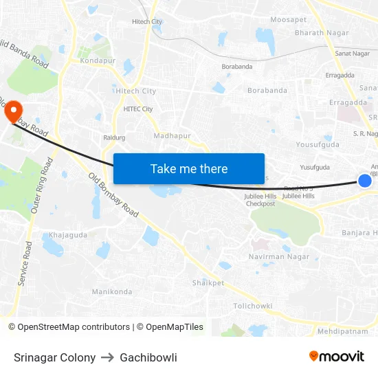 Srinagar Colony to Gachibowli map