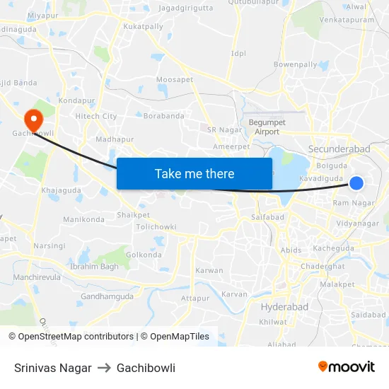 Srinivas Nagar to Gachibowli map
