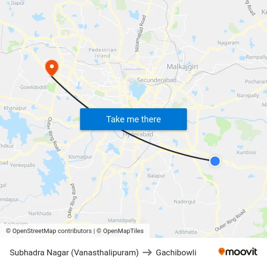 Subhadra Nagar (Vanasthalipuram) to Gachibowli map