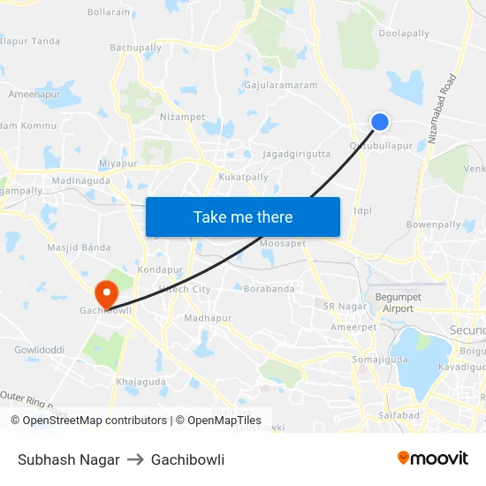 Subhash Nagar to Gachibowli map