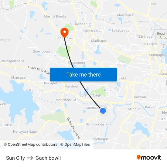 Sun City to Gachibowli map