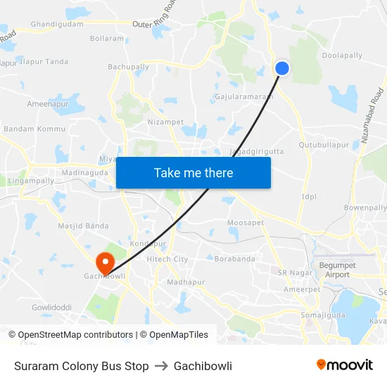 Suraram Colony Bus Stop to Gachibowli map