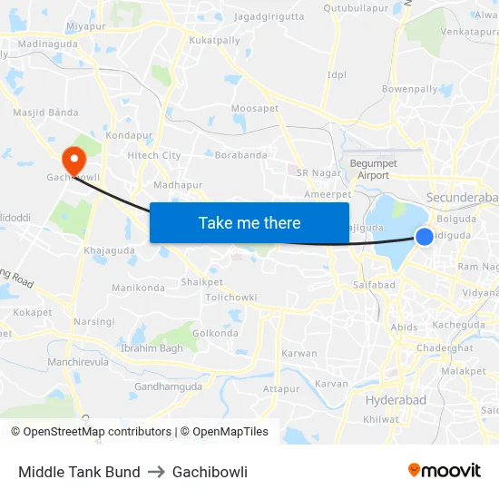 Middle Tank Bund to Gachibowli map