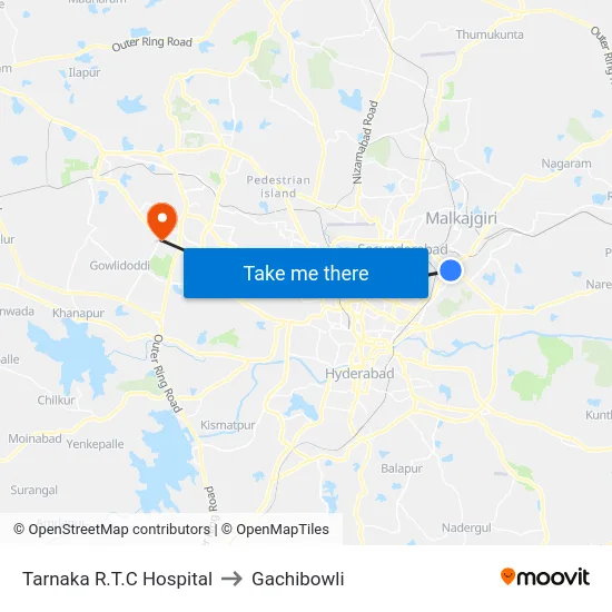 Tarnaka R.T.C Hospital to Gachibowli map