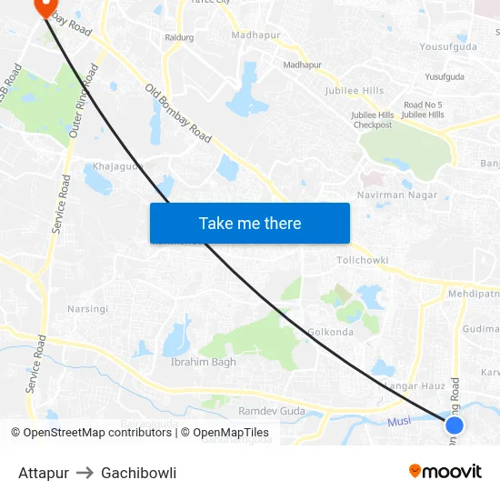 Attapur to Gachibowli map