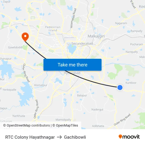 RTC Colony Hayathnagar to Gachibowli map