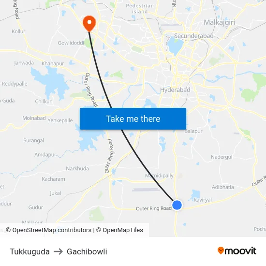 Tukkuguda to Gachibowli map