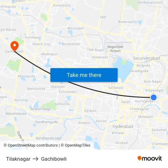 Tilaknagar to Gachibowli map