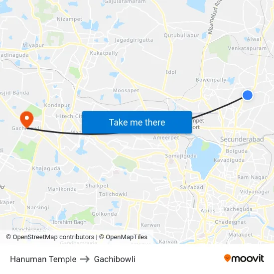 Hanuman Temple to Gachibowli map