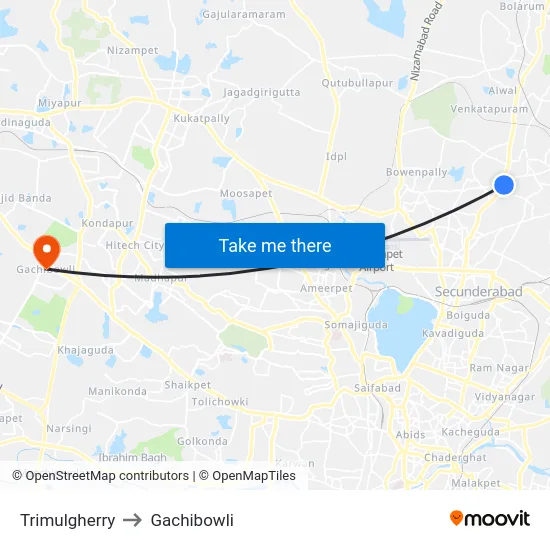 Trimulgherry to Gachibowli map