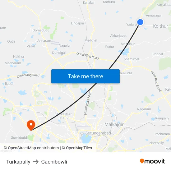 Turkapally to Gachibowli map