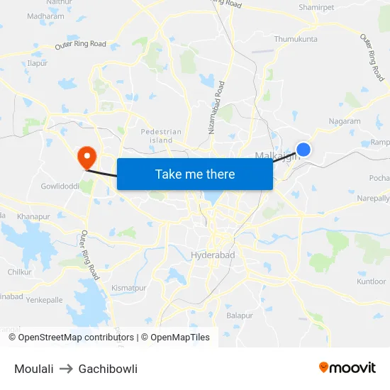 Moulali to Gachibowli map