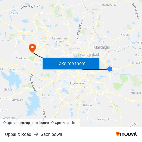 Uppal X Road to Gachibowli map