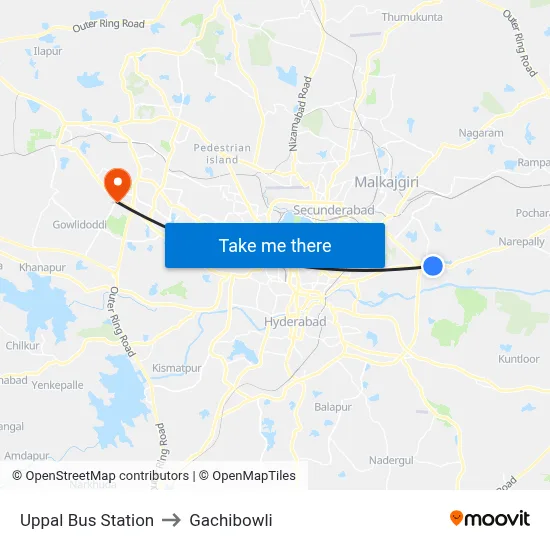 Uppal Bus Station to Gachibowli map