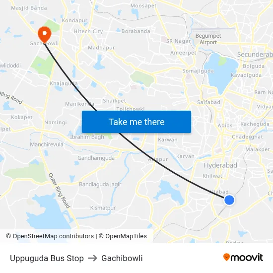 Uppuguda Bus Stop to Gachibowli map