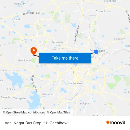 Vani Nagar Bus Stop to Gachibowli map