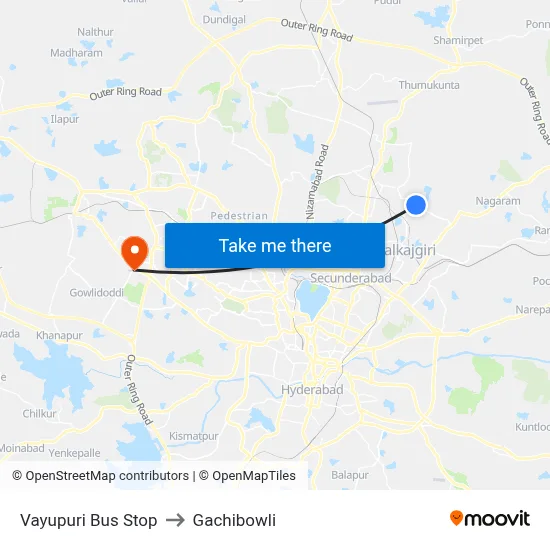 Vayupuri Bus Stop to Gachibowli map