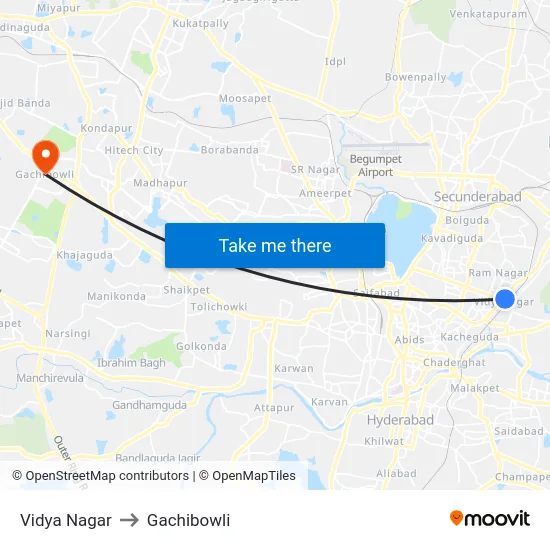 Vidya Nagar to Gachibowli map