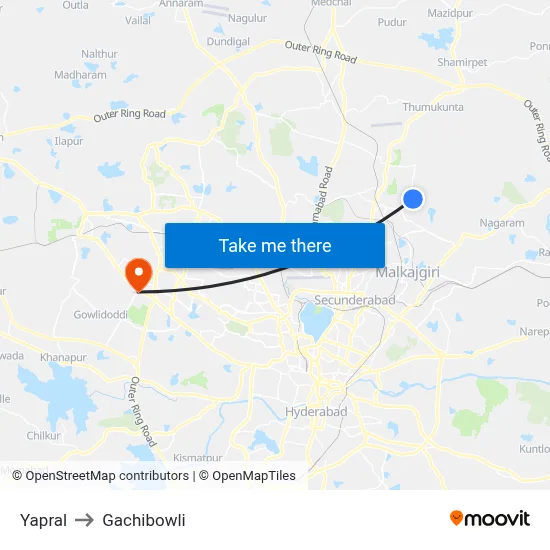 Yapral to Gachibowli map