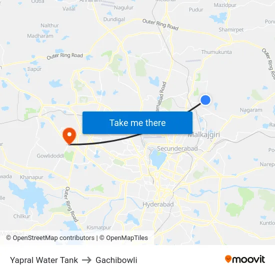 Yapral Water Tank to Gachibowli map