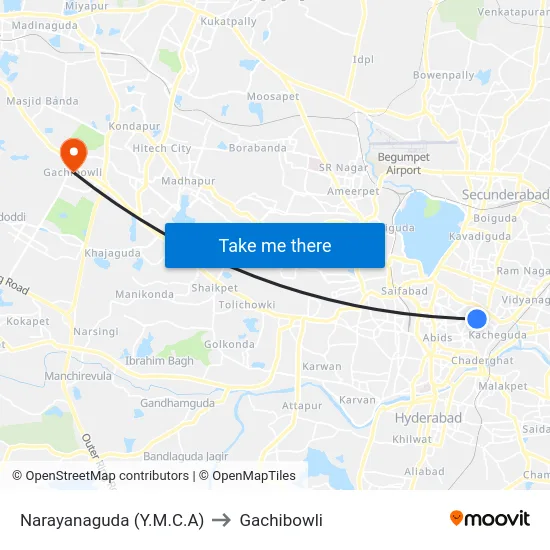 Narayanaguda (Y.M.C.A) to Gachibowli map