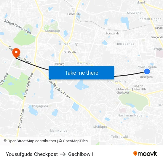 Yousufguda Checkpost to Gachibowli map