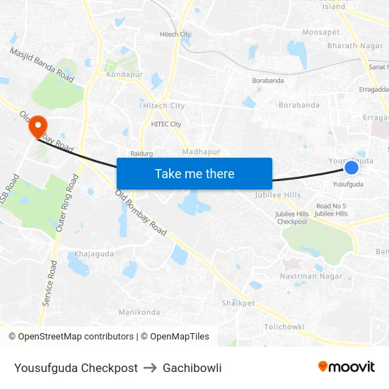 Yousufguda Checkpost to Gachibowli map