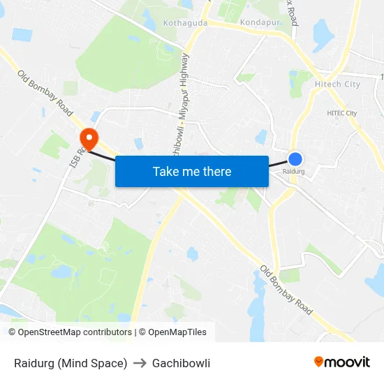 Raidurg (Mind Space) to Gachibowli map