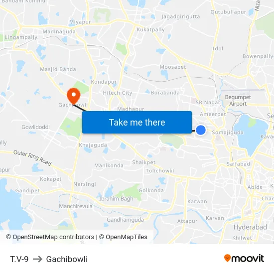 T.V-9 to Gachibowli map