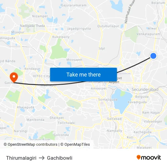Thirumalagiri to Gachibowli map