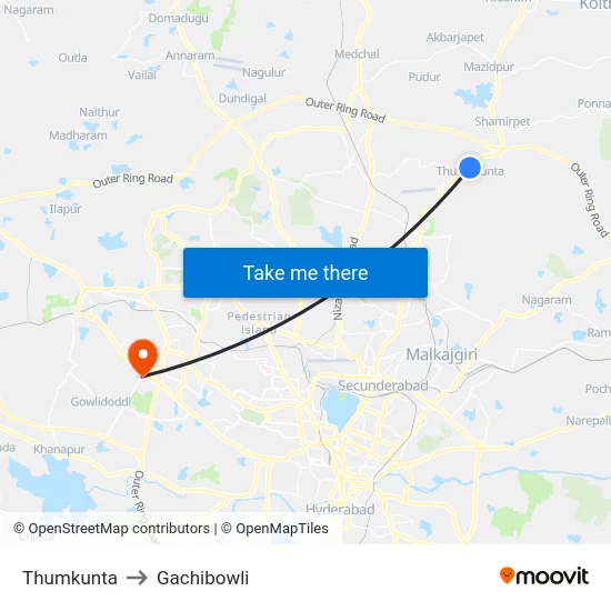 Thumkunta to Gachibowli map