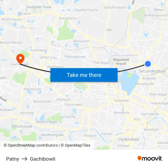 Patny to Gachibowli map