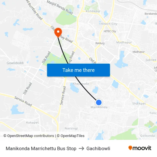 Manikonda Marrichettu Bus Stop to Gachibowli map