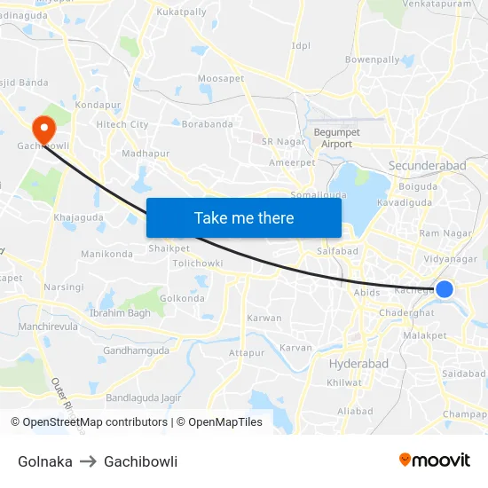 Golnaka to Gachibowli map