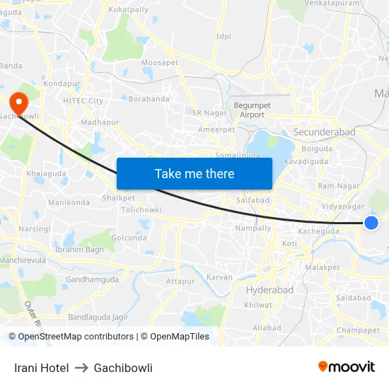 Irani Hotel to Gachibowli map