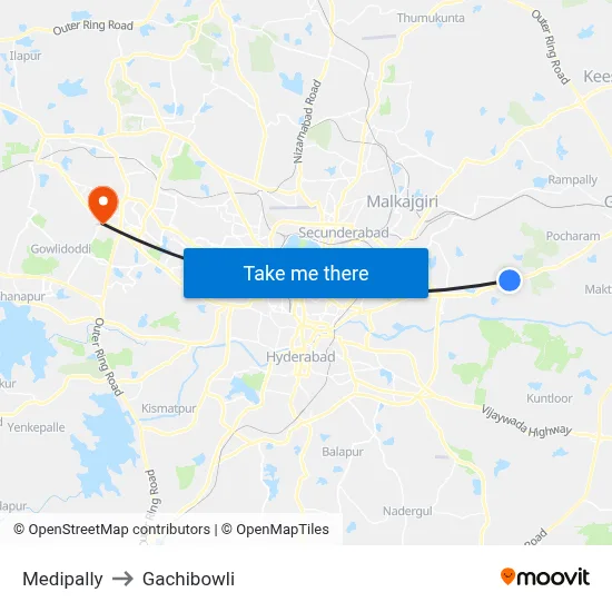 Medipally to Gachibowli map