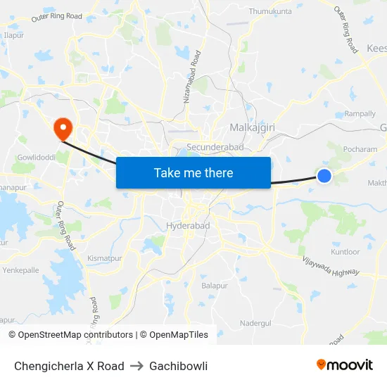 Chengicherla X Road to Gachibowli map