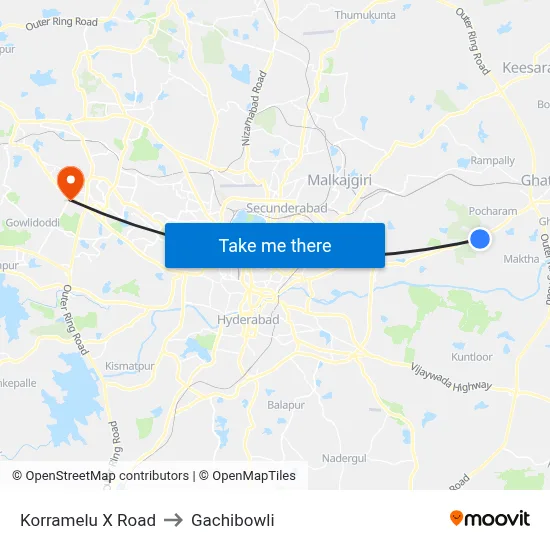 Korramelu X Road to Gachibowli map