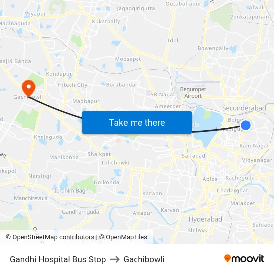 Gandhi Hospital Bus Stop to Gachibowli map