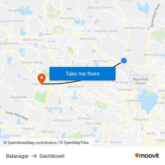 Balanagar to Gachibowli map