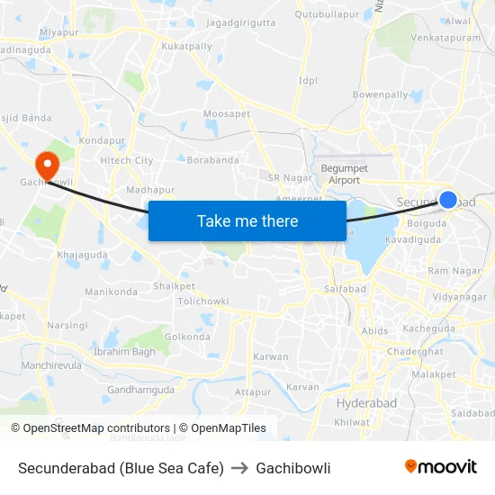Secunderabad (Blue Sea Cafe) to Gachibowli map