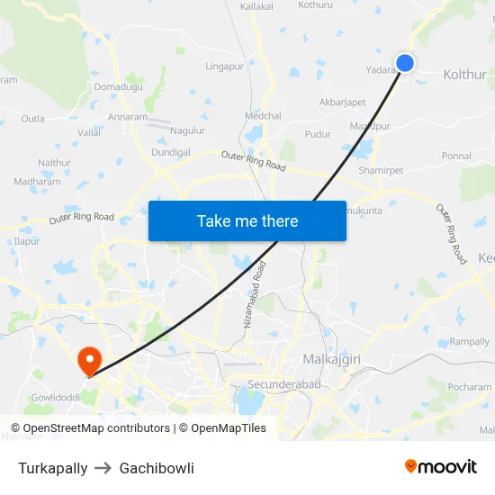 Turkapally to Gachibowli map