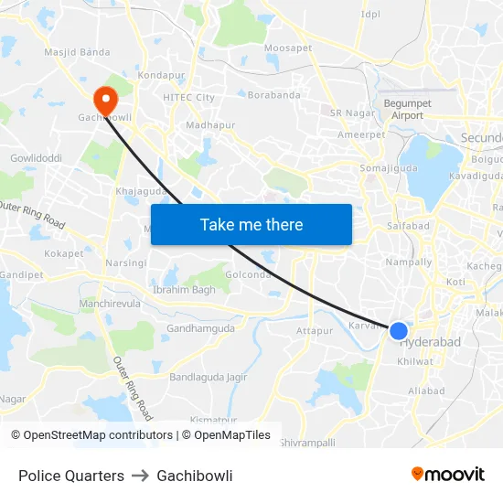 Police Quarters to Gachibowli map