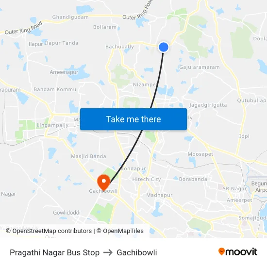 Pragathi Nagar Bus Stop to Gachibowli map