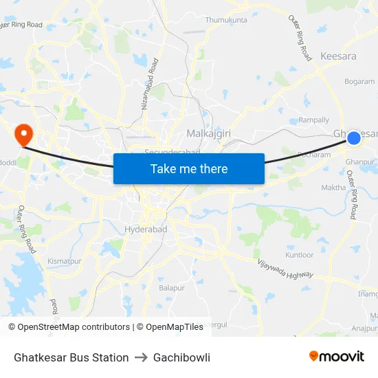 Ghatkesar Bus Station to Gachibowli map