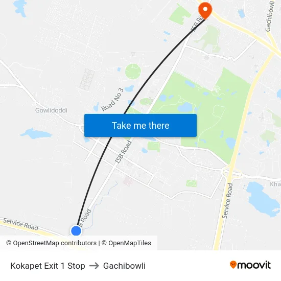 Kokapet Exit 1 Stop to Gachibowli map