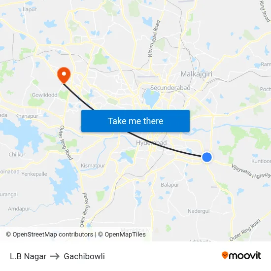 L.B Nagar to Gachibowli map
