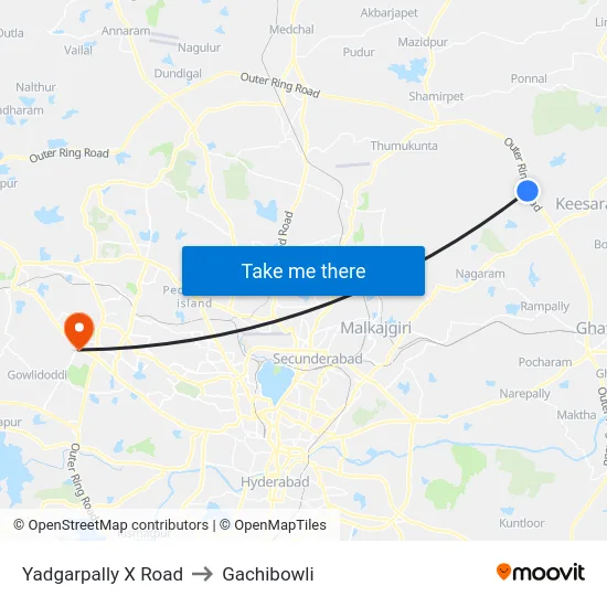 Yadgarpally X Road to Gachibowli map