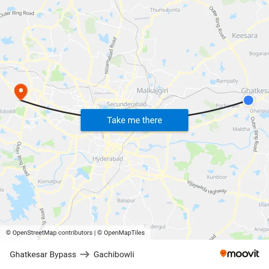 Ghatkesar Bypass to Gachibowli map